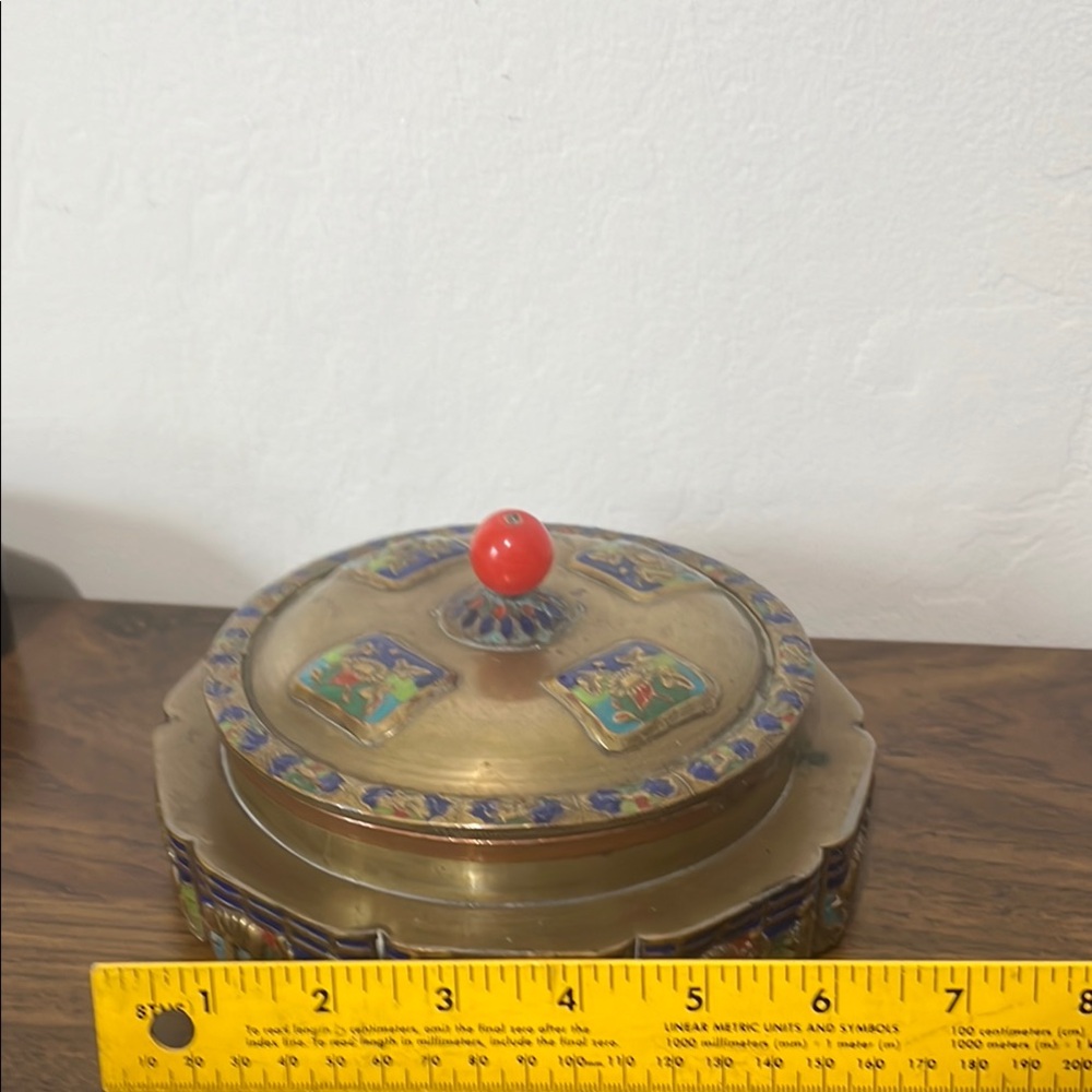 Antique Chinese Tea Caddy Box Repousse Brass Enamel Relief - Picture 6 of 16